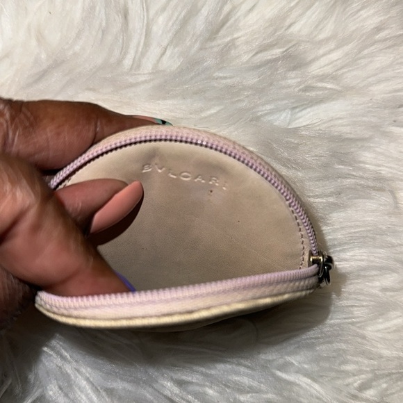 Pre owned  BVLGARI cream taupe Leather trim cream canvas Round MAMMET Coin Purse - Picture 5 of 7